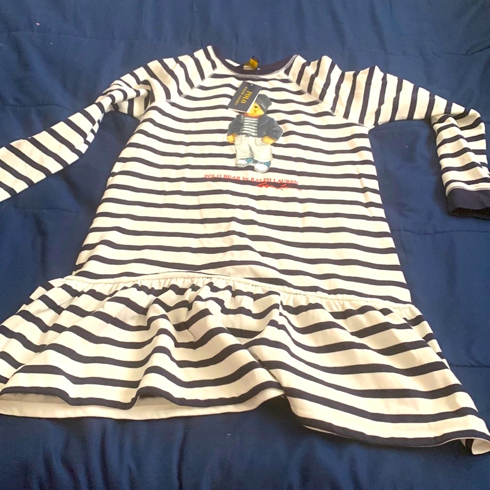 Girls Polo dress. Navy and cream.
